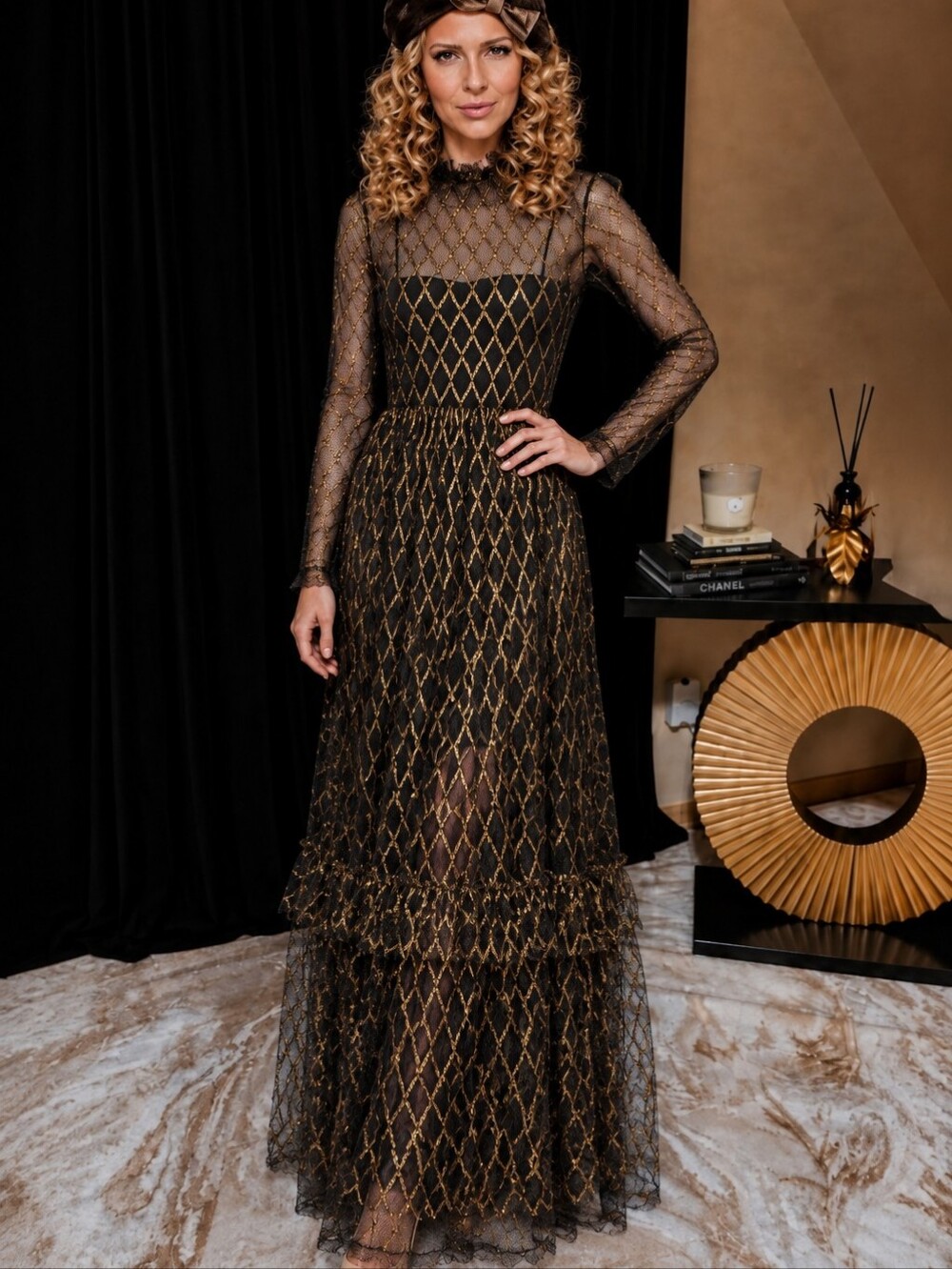 PHILOSOPHY DI LORENZO SERAFINI Black Gold Metallic Lace Maxi Dress US 4